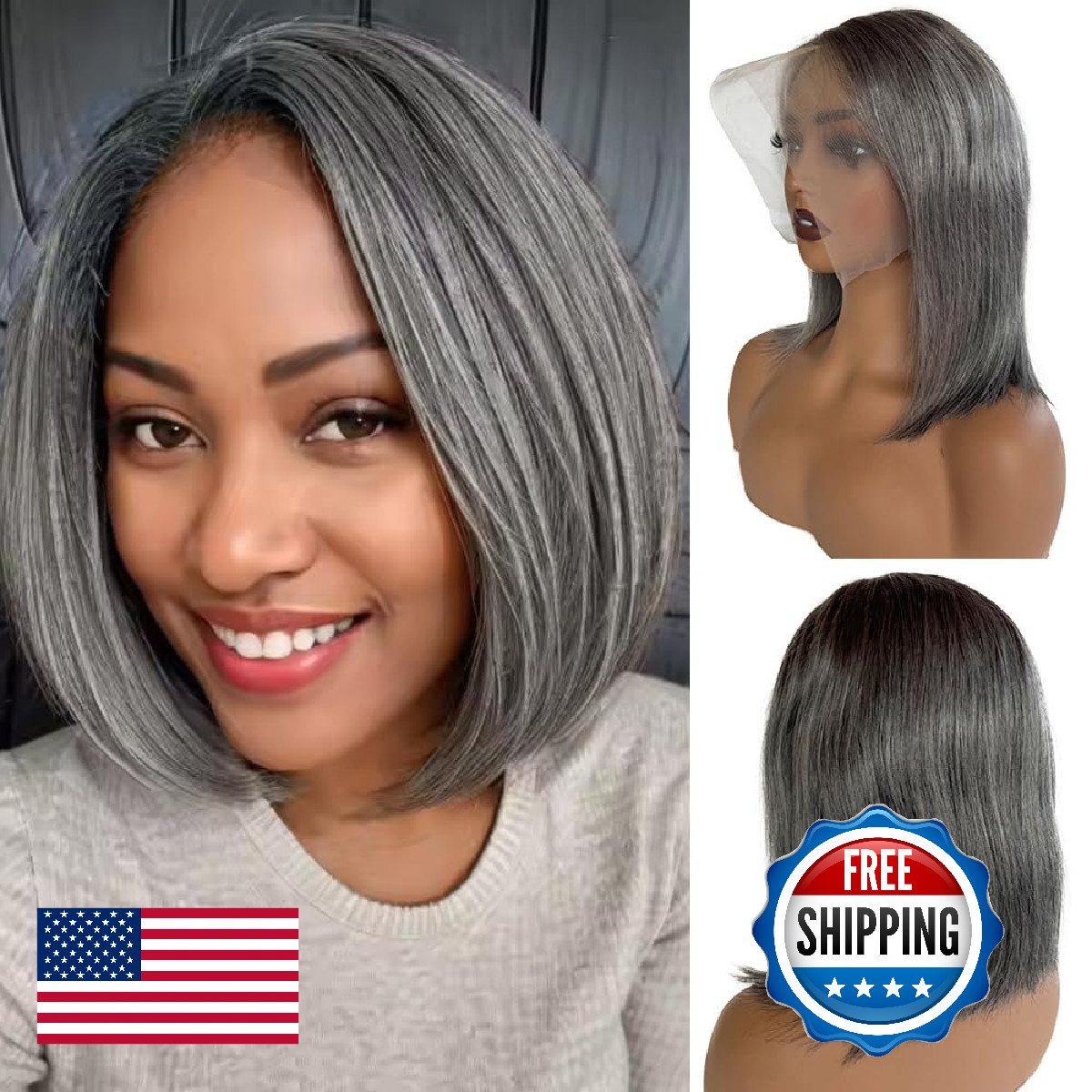Smartinnov Ombre Grey 10 Inch Salt And Pepper Short Bob Wigs Human Hair Blunt