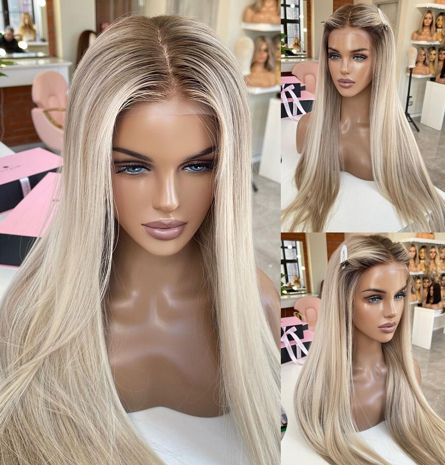 Heat Resistant Hair Soft HD T Lace Front Wig Long Straight Natural Brown Blonde