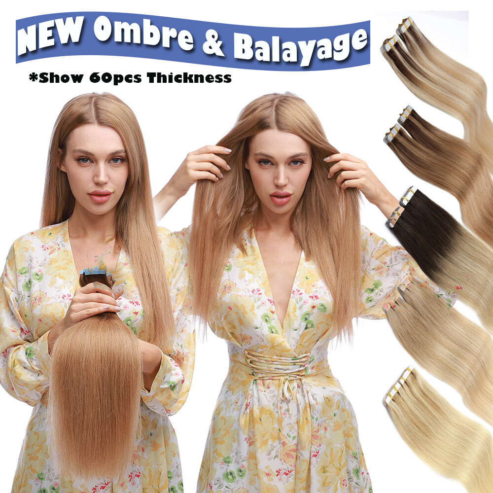 60PCS 150G Remy Tape in Real Human Hair Extensions Russian 12″-24″ Ombre Thick F