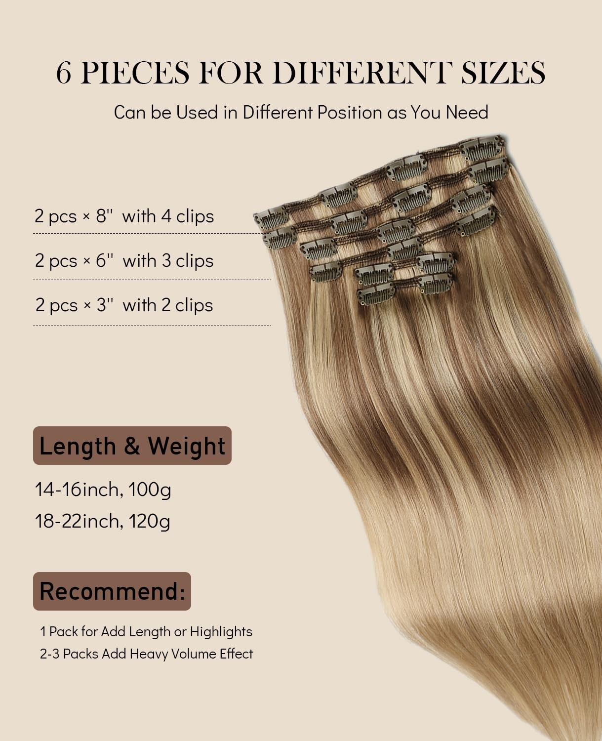 18″ Clip-In Human Hair Extensions 6pcs 120g Balayage Light Brown to Caramel Blon