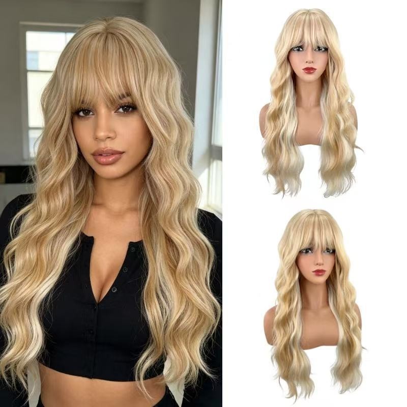 Blonde Wig Long Curly Wavy Synthetic Hair With Bangs Women Party Daily Wear