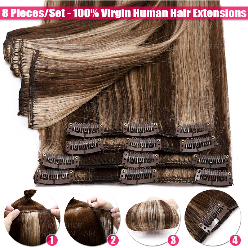 CLEARANCE Clip In Human Remy Hair Extensions Full Head 8 Pieces 22″24″ THICK