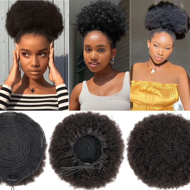 Extra Large Afro Kinky Curly Puff Bun Clip in Human Hair Extensions Ponytail US