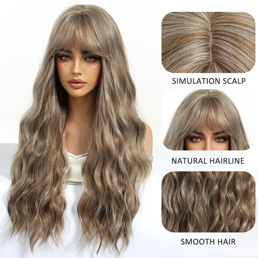 Long Wavy Ash Blonde Wigs for Women with Fringe Natural Synthetic Hair Wig fo…