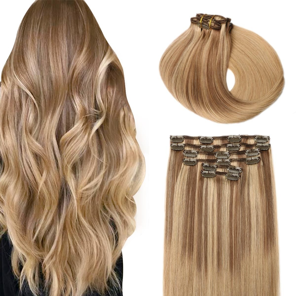 20″ Clip-in Human Hair Extensions Golden Brown to Honey Blonde Balayage 120g 6pc