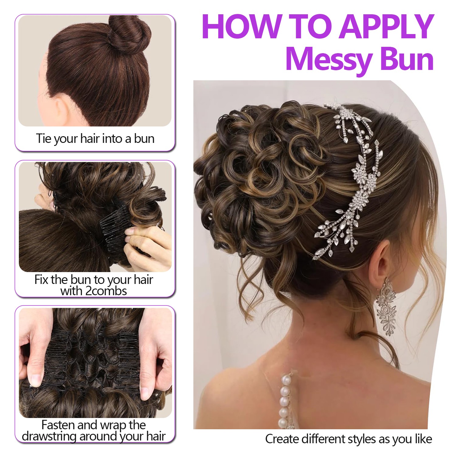 Real Natural Curly Messy Bun Hair Piece Scrunchie Hair Extensions AS Human 90G M