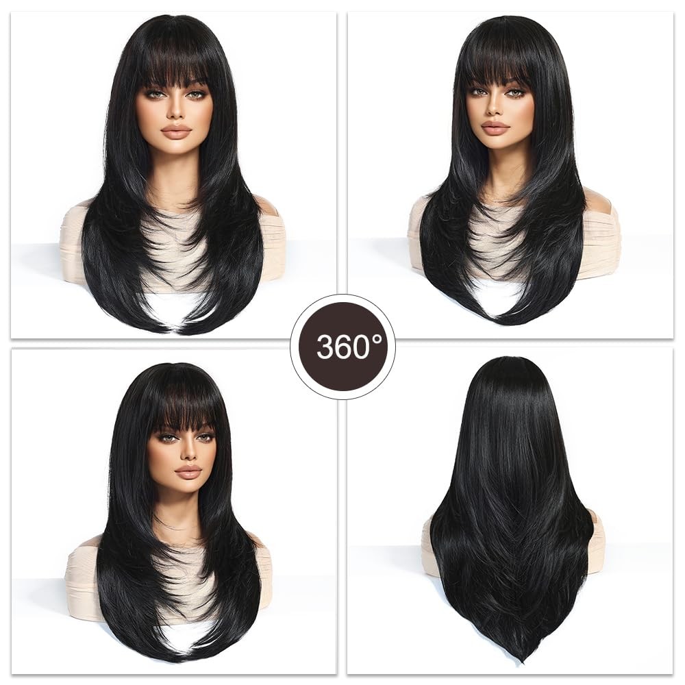 Long Straight Black Brown Wigs for Women with Fringe Natural Synthetic Hair W…