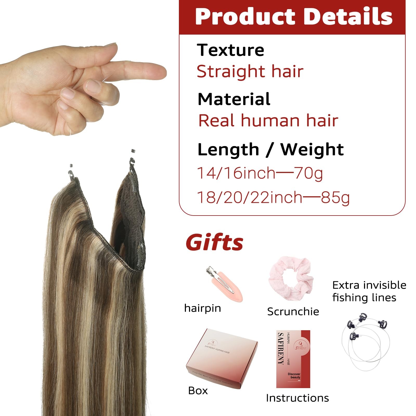 Safireny Invisible Wire Hair Extensions Real Human Hair 22 Inch 85G Jet Black