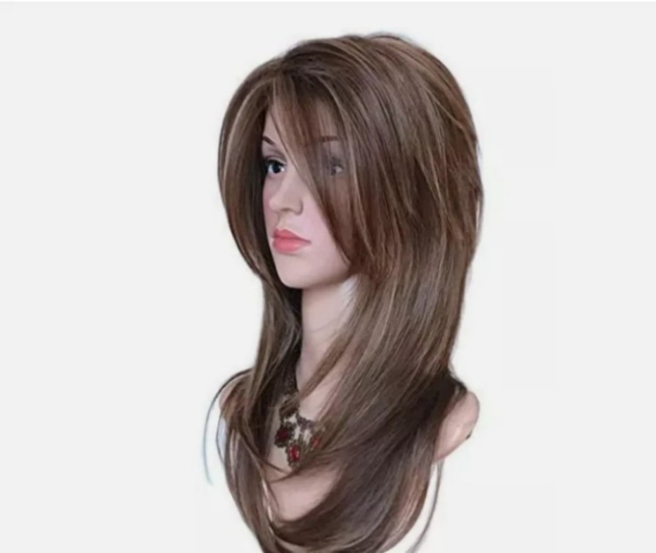 Women Dark Brown w/Gold Highlight Ombre Shoulder Length Curly Hair Wig-&&++