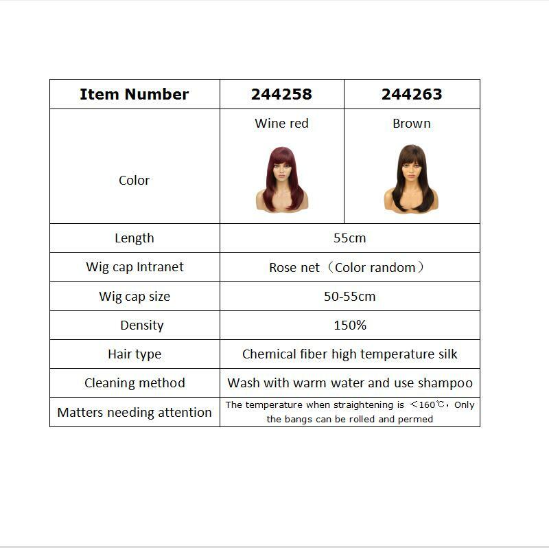55cm/21in Synthetic Wine Red Wigs with Bangs Heat Resistant Fiber Wigs for Women