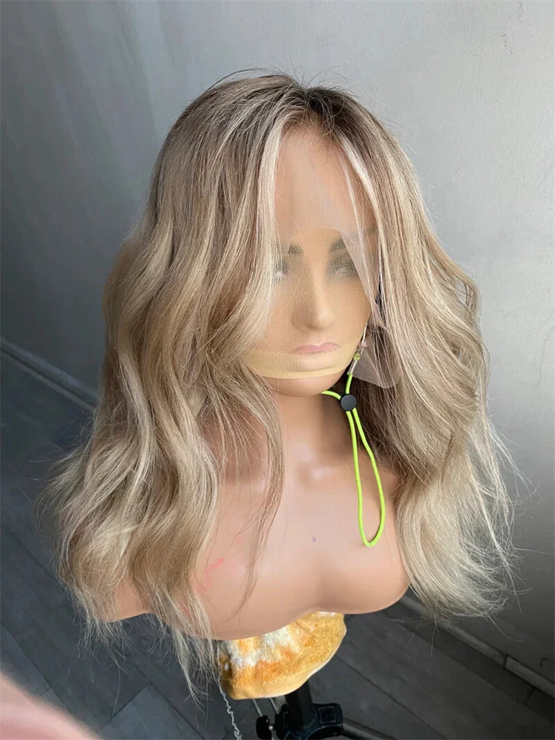 Ash Brown Platinum Blonde Ombre Lace Front Wigs Natural Wave Remy Human Hair Wig