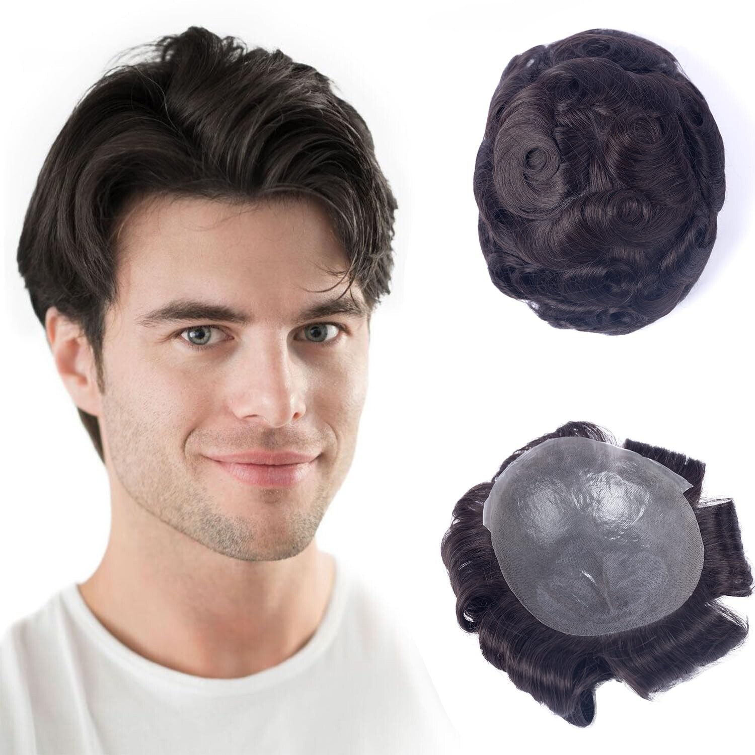 Men’s Toupee Polyurethane Base 8×10 120% Medium Density #1B Natural Black 0.04mm