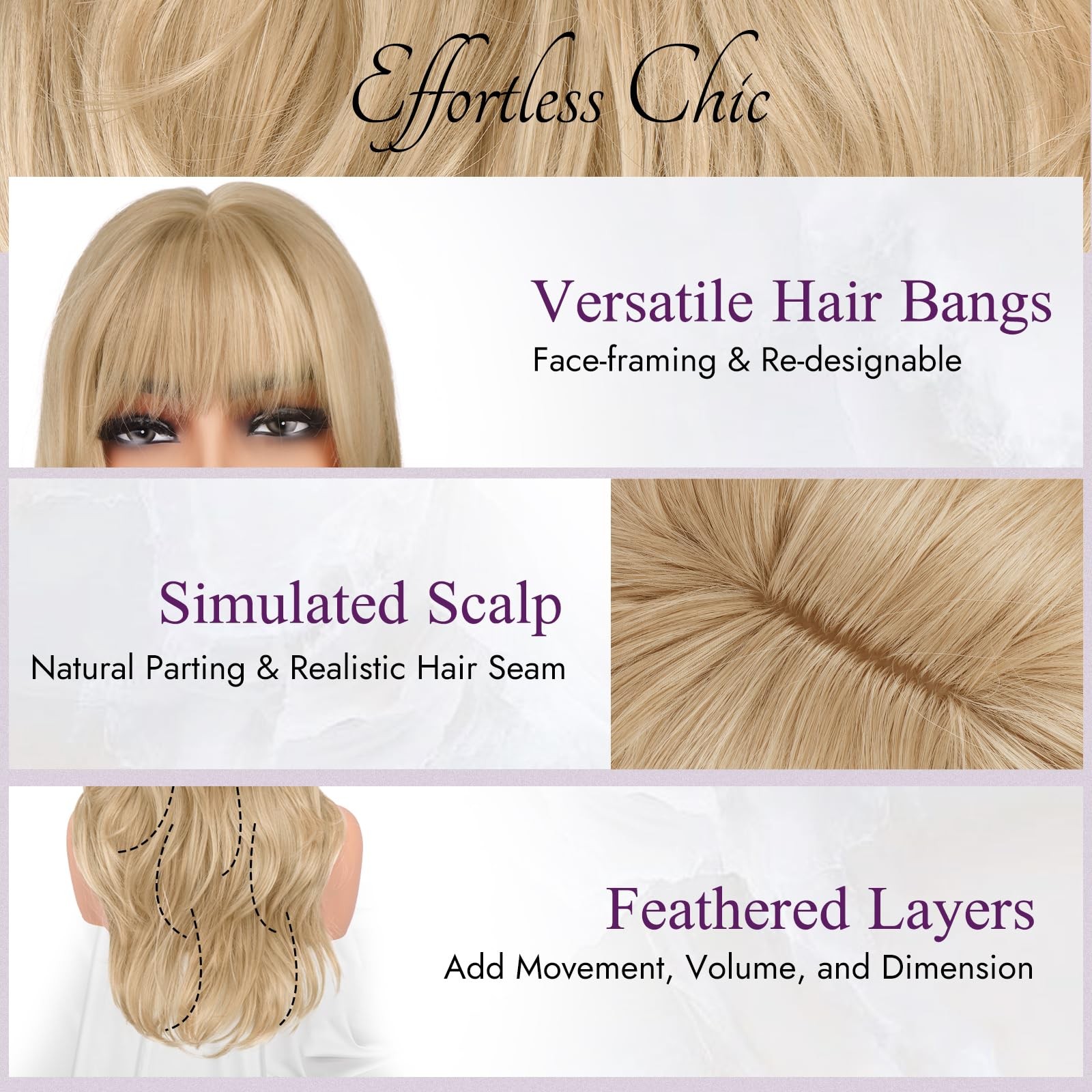 Beige Blonde Layered Wig with Bangs – 20 Inch Blonde Layered Wig with Bangs f…