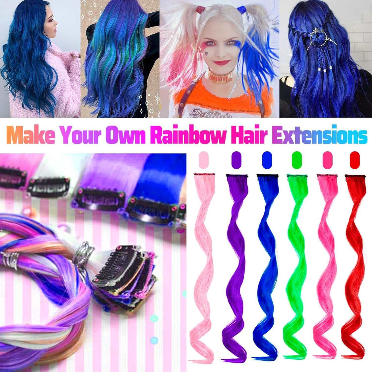 12 PCS Blue Hair Extensions Clip in, Curly Wavy Colored Extension 12PCS-Blue