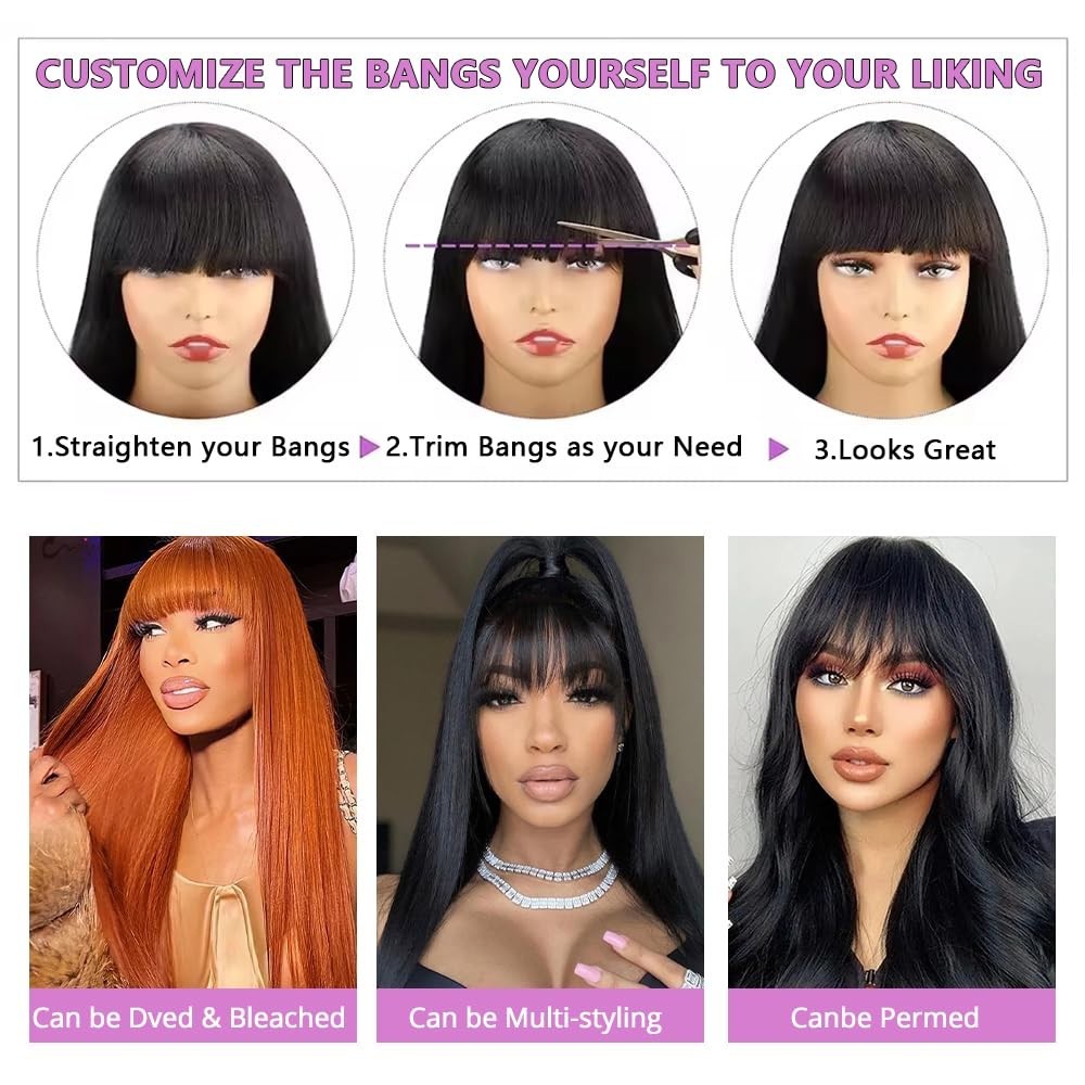 Black Wig with Bangs Long Straight Human Hair Wig for Women No Lace Front Wig
