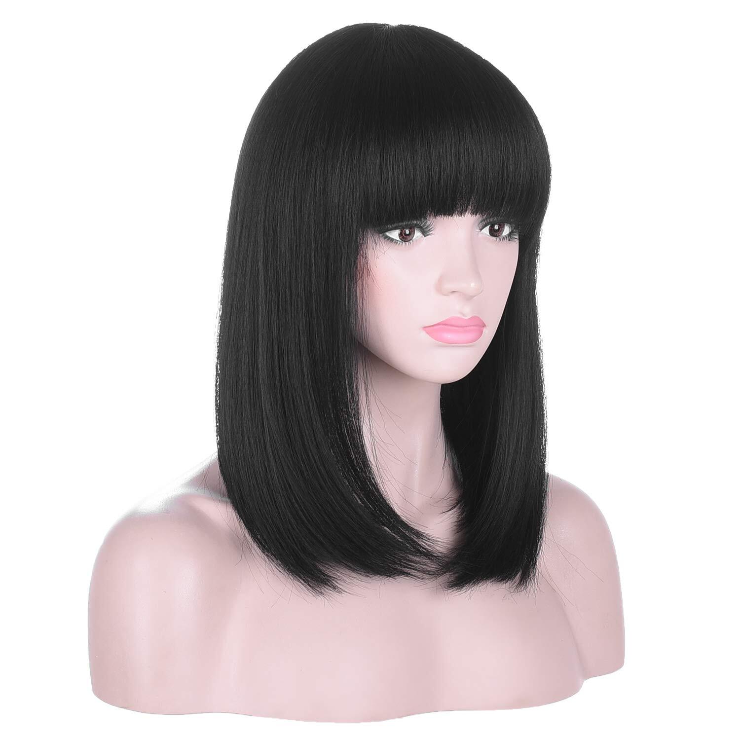 Black Bob Wigs with Bangs Straight Blunt Cut Shoulder Length Short Wig for Women