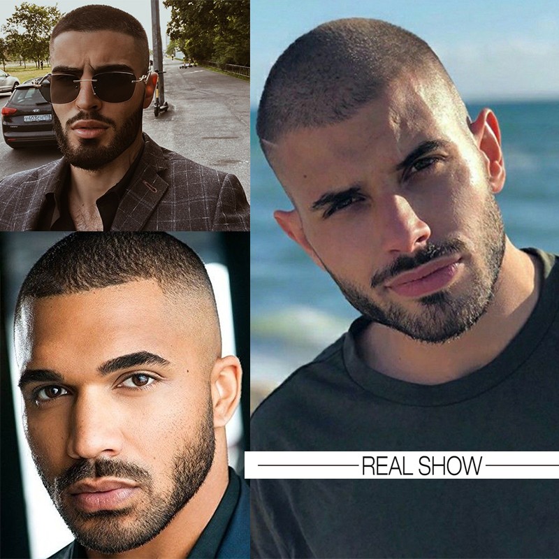 100% Human Hair Toupee for Men’s Short Buzz Cut Thin Skin PU Replacement System