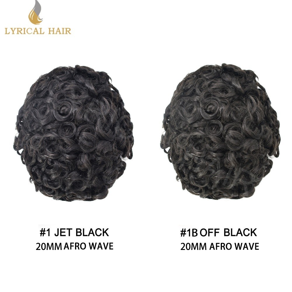 US 20mm Curly Toupee For Men Human Hair System Skin PU Deep Wavy Mens Hair Piece