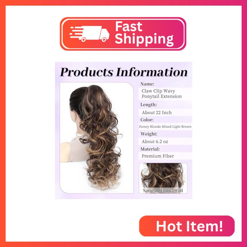 Vejamotowa Ponytail Extension Curly Wavy, 22″ Claw Clip Ponytail Extensions for
