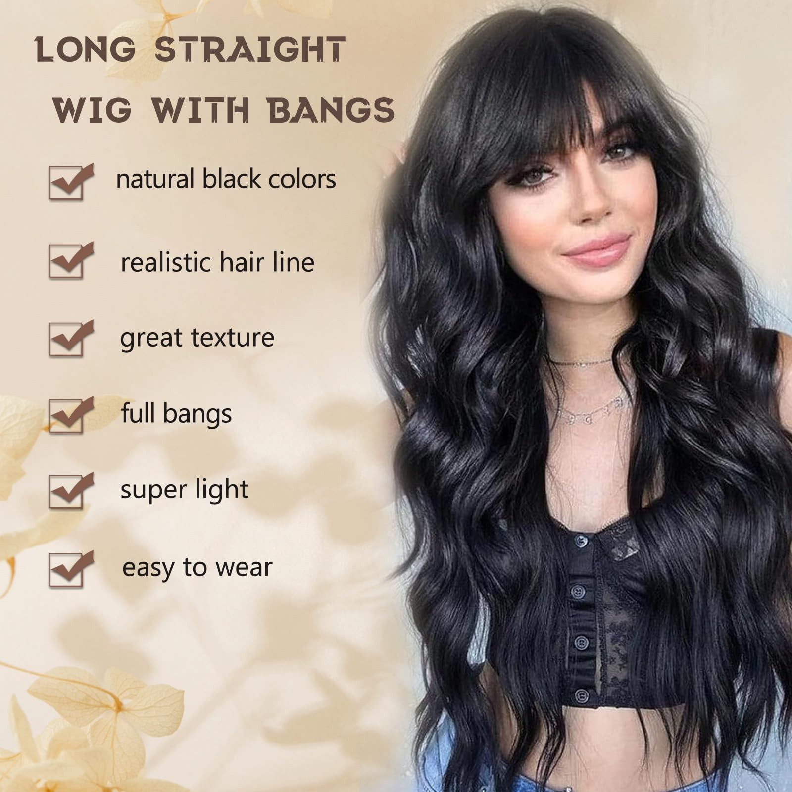 Black Wig with Bangs for Women Long Black Wavy Wigs 26 Inch Natural Black Wigs N