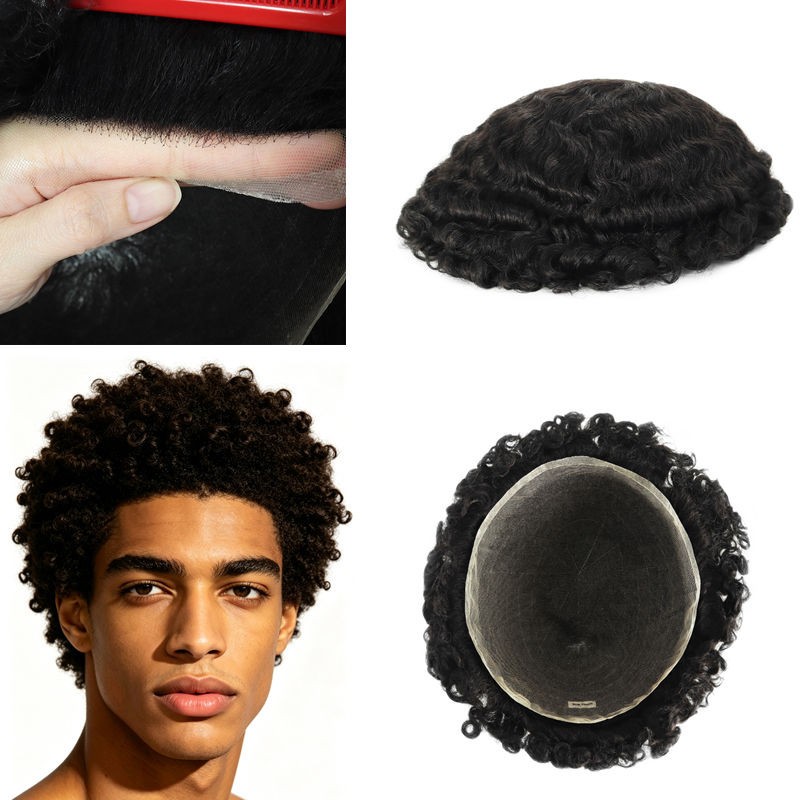 Men Human Hair Units for Black Men Full PU Thin Skin Afro Curly Toupee Hairpiece