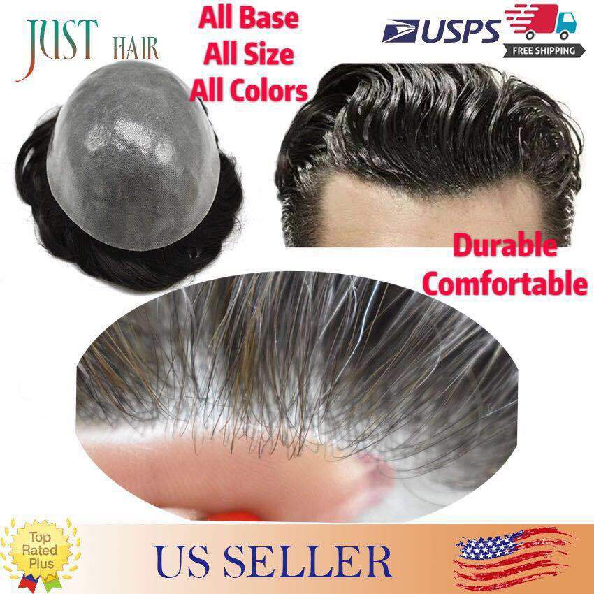 Mens Hair Replacement System All Poly Skin Men Toupee Hairpieces Human Hair Wigs