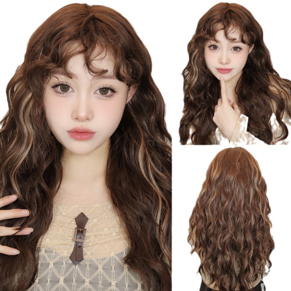 Japanese Korean Style Highlight Brown Small Wool Curly Wig Light Bangs Lazy