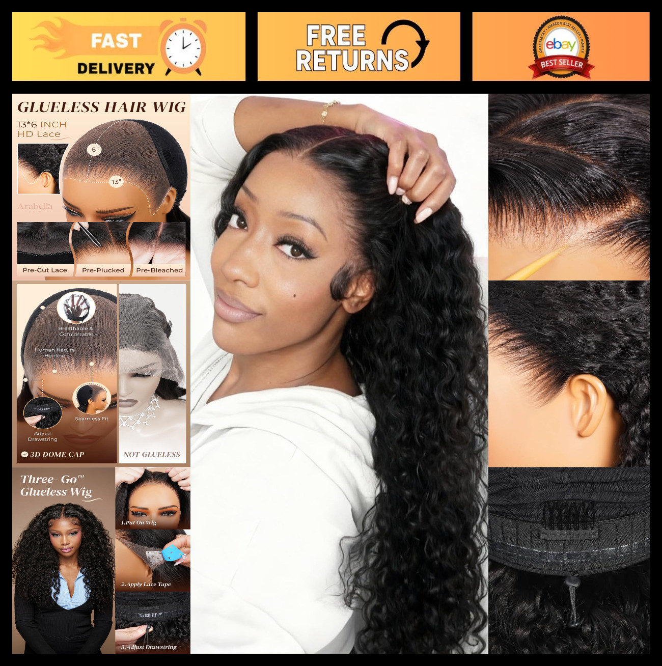 13×6 Deep Wave Lace Front Wig – 210% Density, Glueless, Pre-Plucked, 30″ Curly H