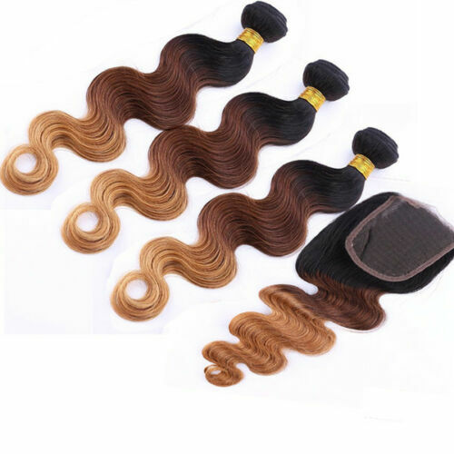 RUSSIAN VIRGIN 3TONES OMBRE ROOT HAIR 1B/4/27# 3/4/5BUNDLES+CLOSURE12A BODY WAVE