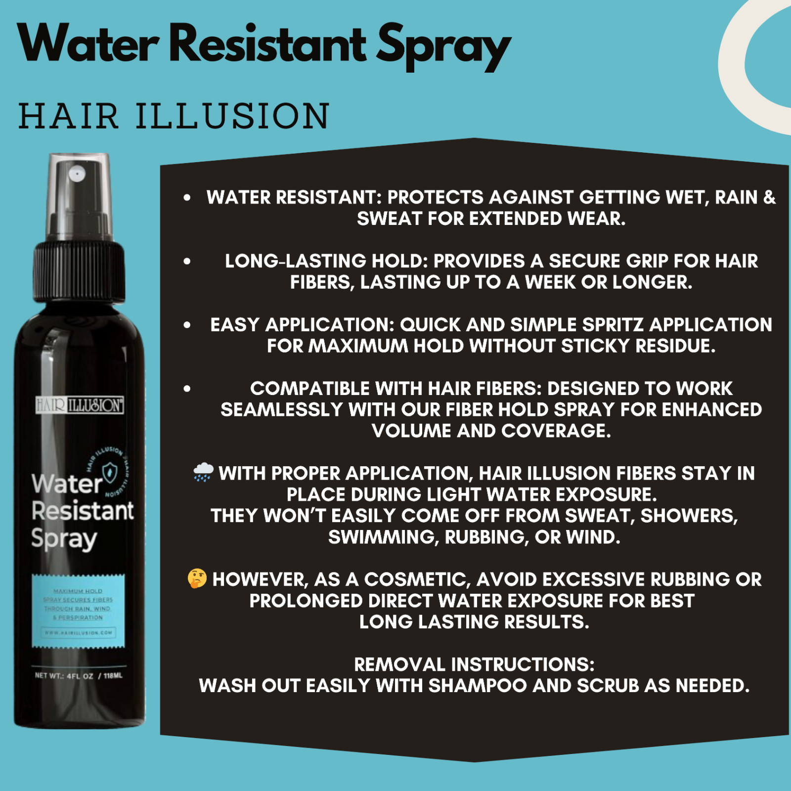 Hair Illusion 38g Black Real Hair Fibers + Water Resistant Spray + Applicator