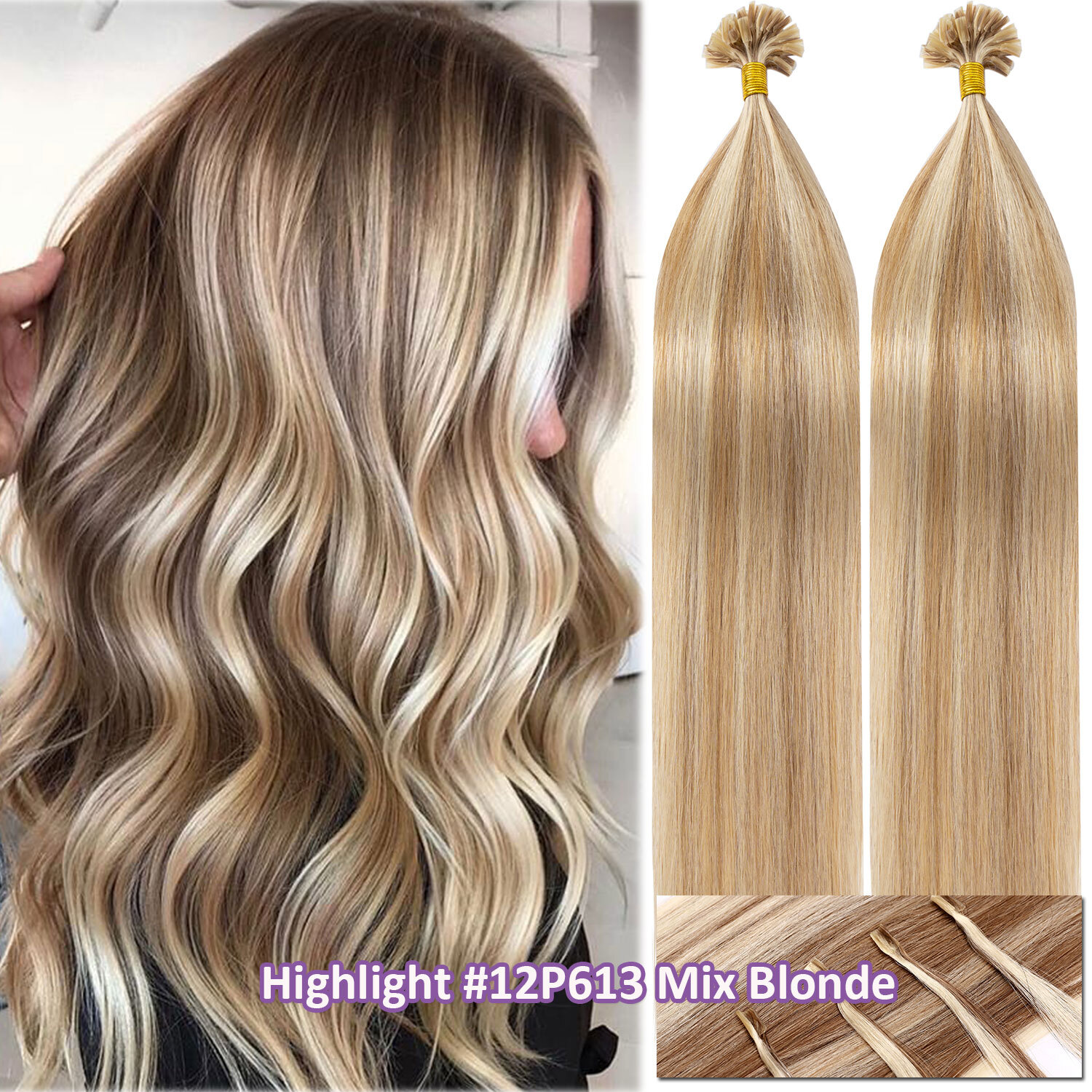 50-200PCS THICK Pre Bond Keratin Nail U Tip Human Remy Hair Extension Highlight