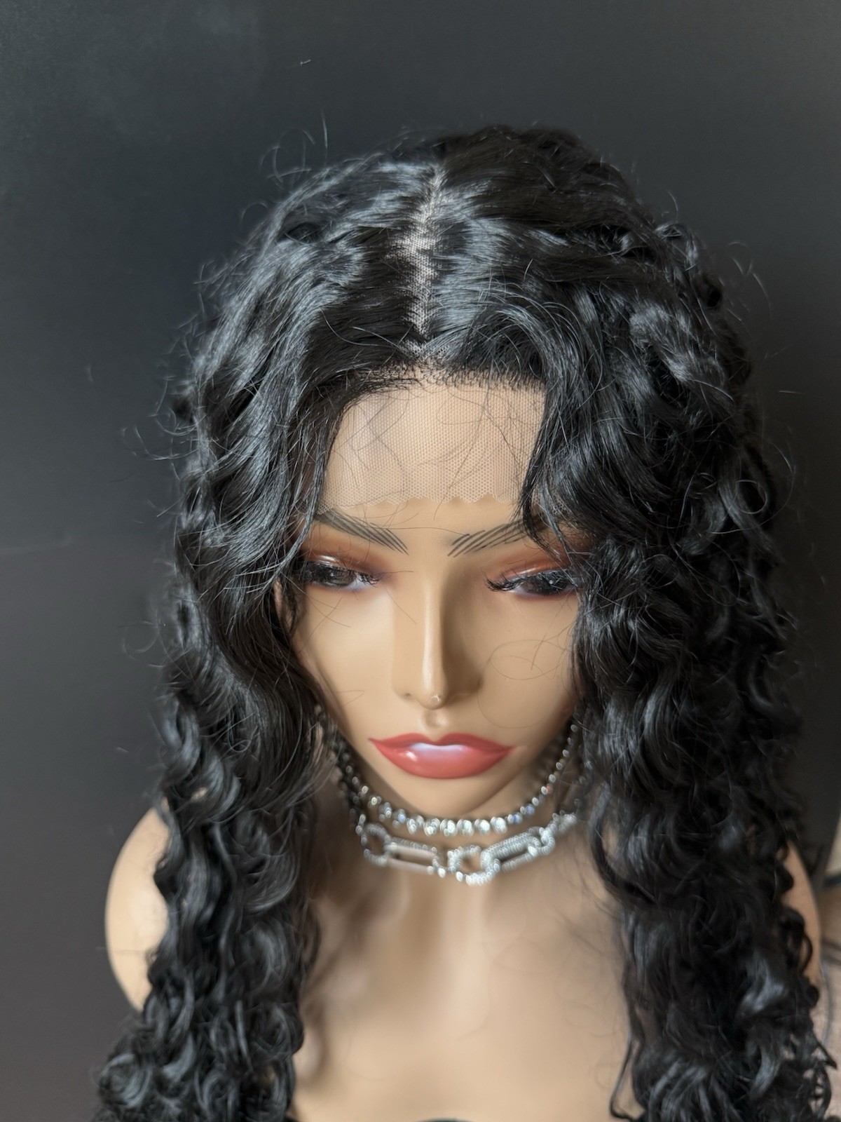 Black Wig Faux Lace 26 Inches Long Middle Part Spiral Curly