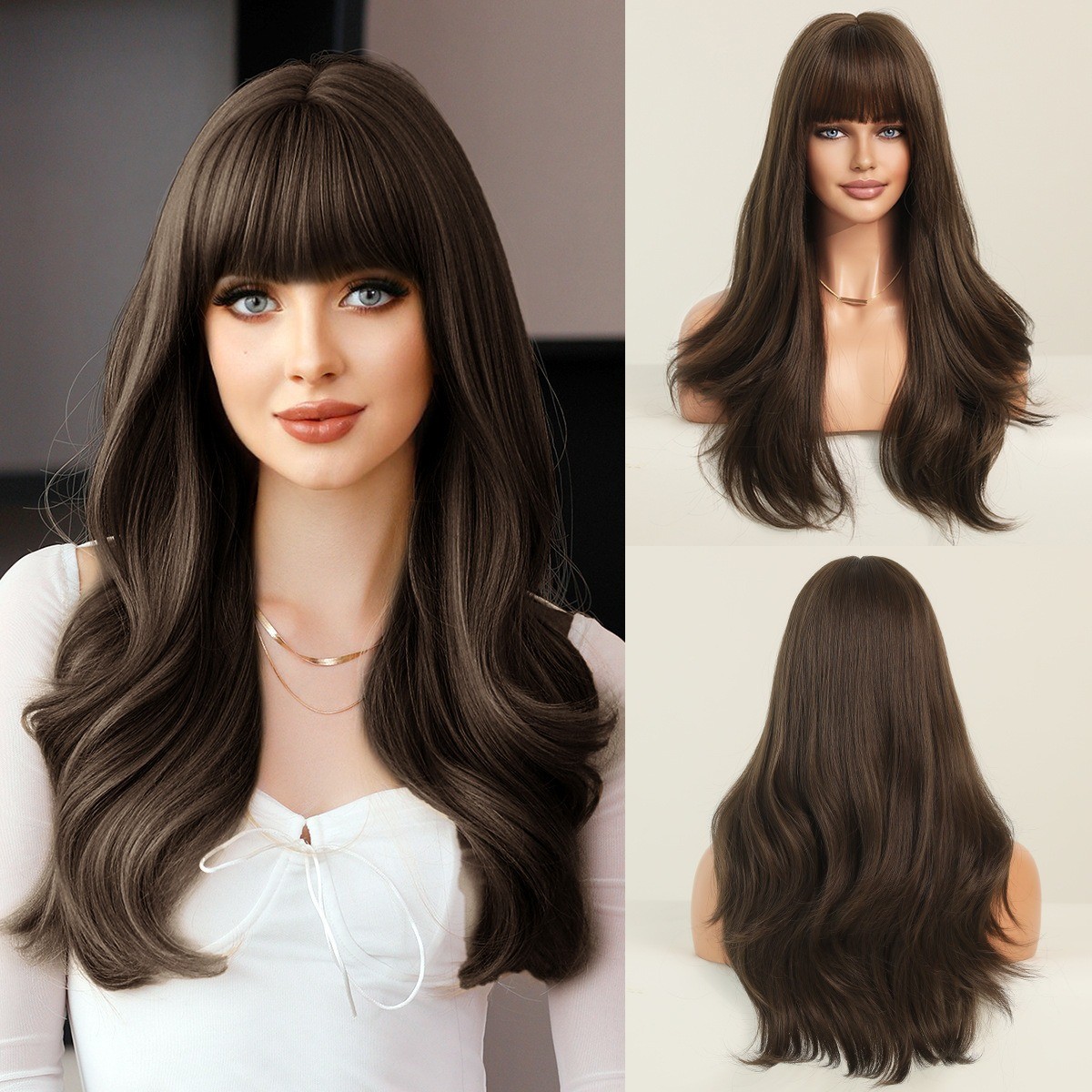 The lady has naturally long golden hair and is wearing a synthetic blonde wig