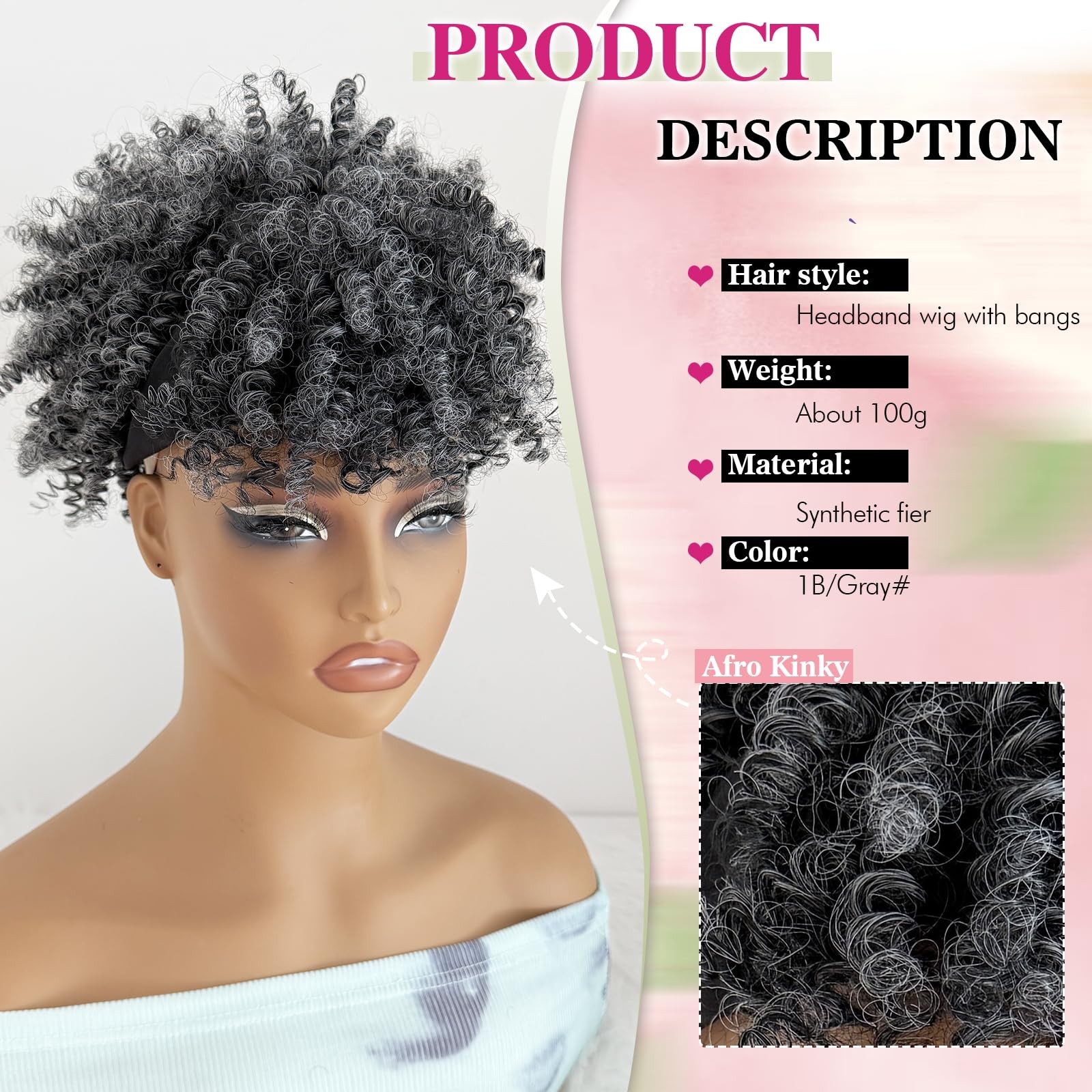 Mayouda Short Omber Grey Headband Wig for Black Women with Bangs Head-Wrap Wi…
