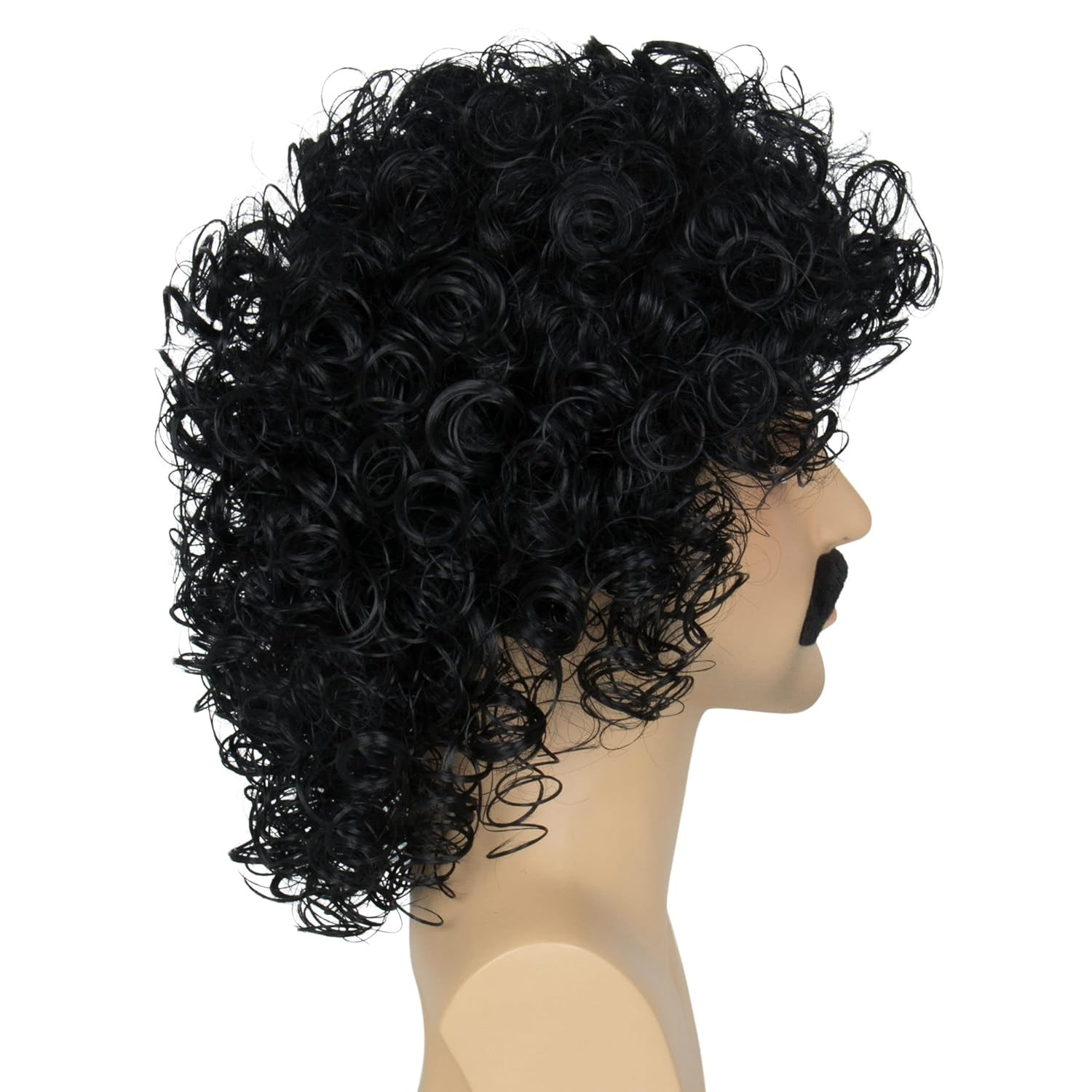 Miss U Hair Jerry Curl Wig Mens Short Black Curly Wig With Mustache 70s Rocker M