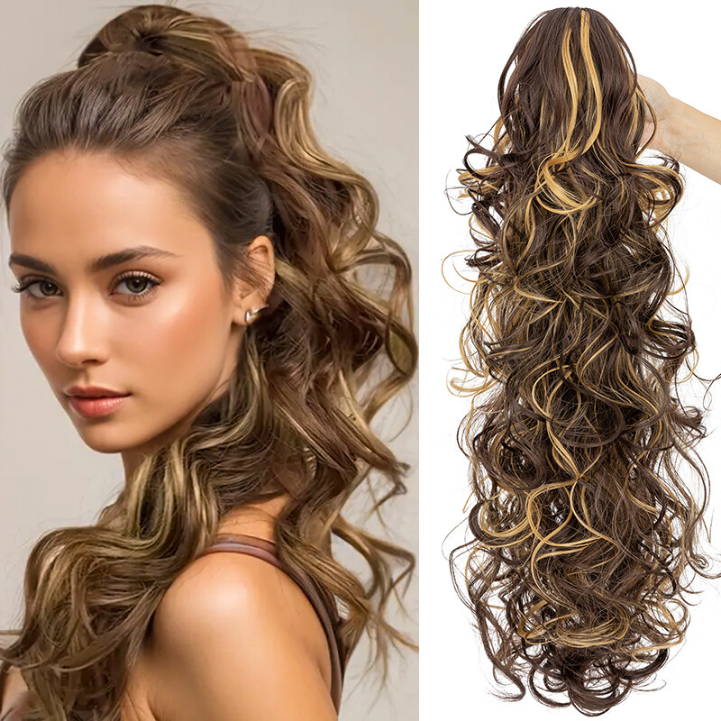 Claw Ponytail Long Curly Pony Tails Clip In Hair Extension Brown Highlight Thick