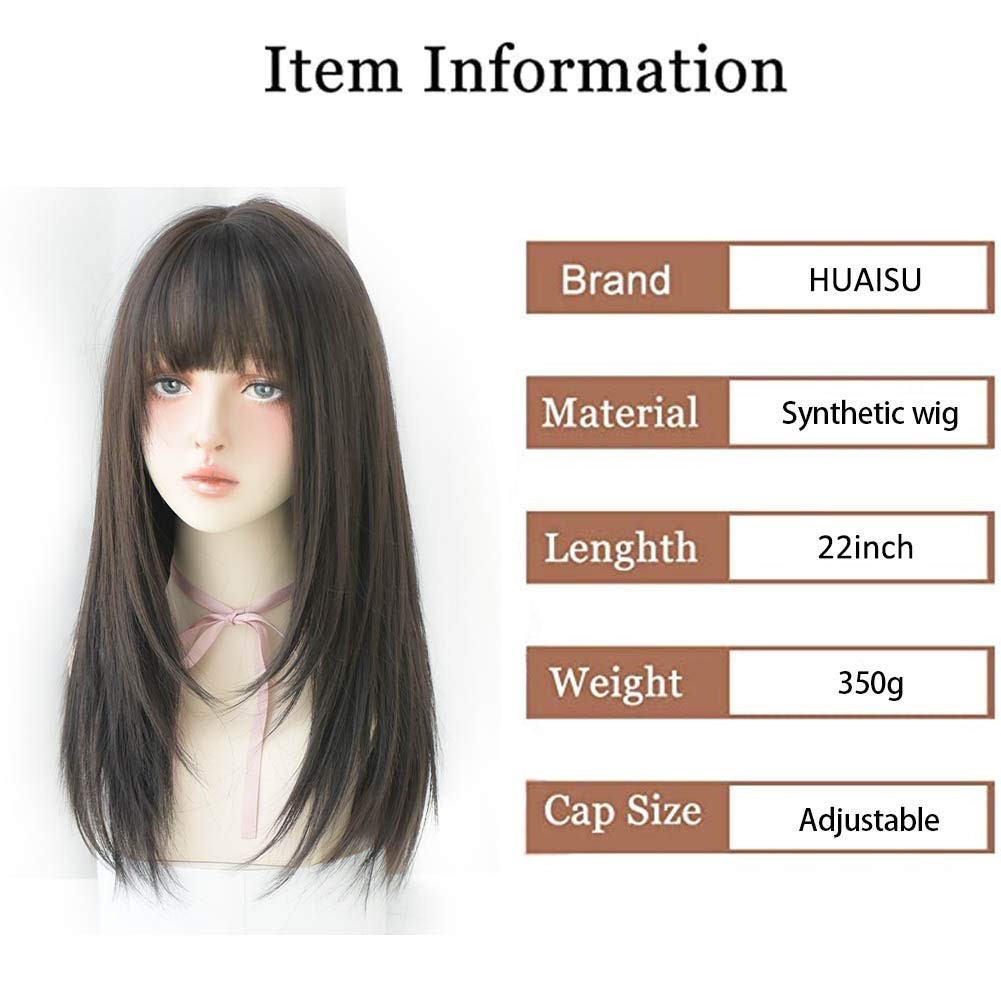 Long Black Straight Hair Wig with Bangs Synthetic High Density Long Hair Wig …