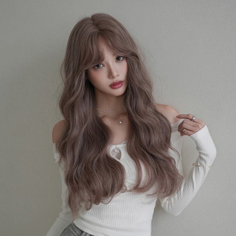 Womens Japanese Korean Style Pink Purple Water Wave Long Curly Wig Realistic