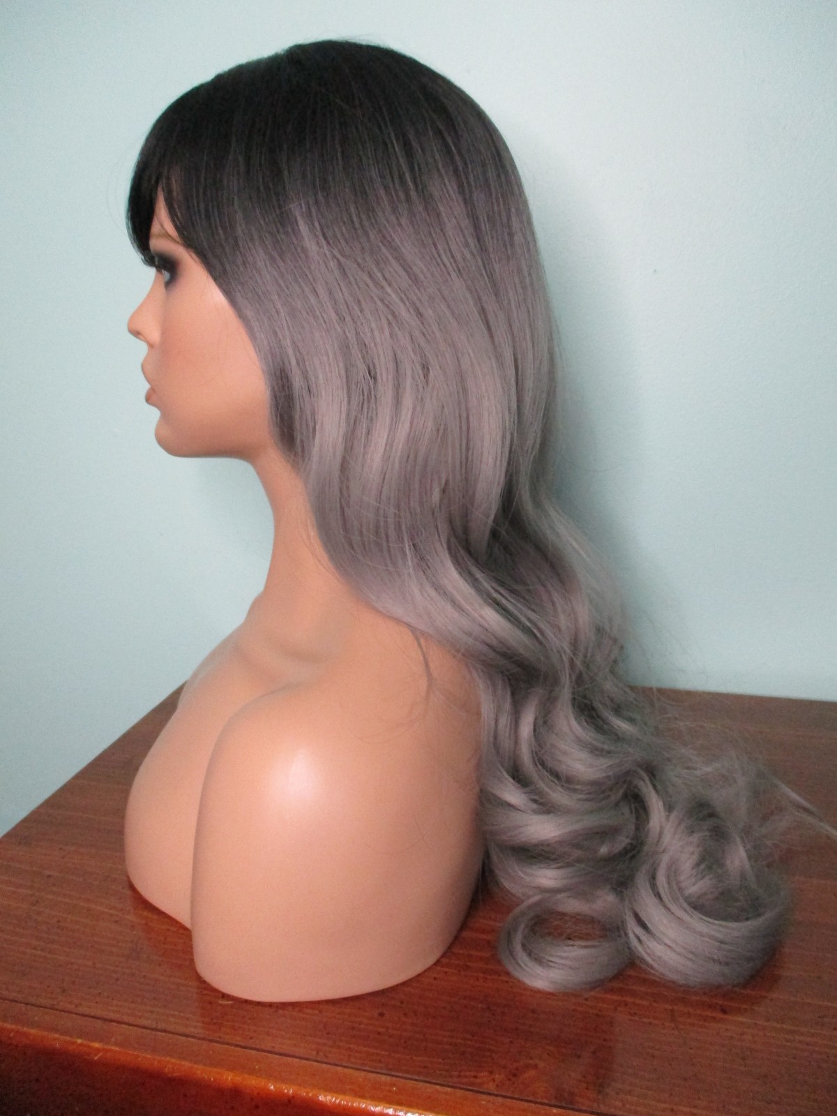 30″ violet gray and black ombre long wavy WIG – NEW – swept bangs