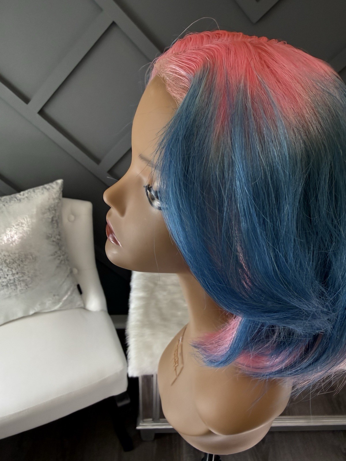 Custom Color Lace Front Wig Human Hair | Bob Cut Wig | Pink & Blue | Baby Shower