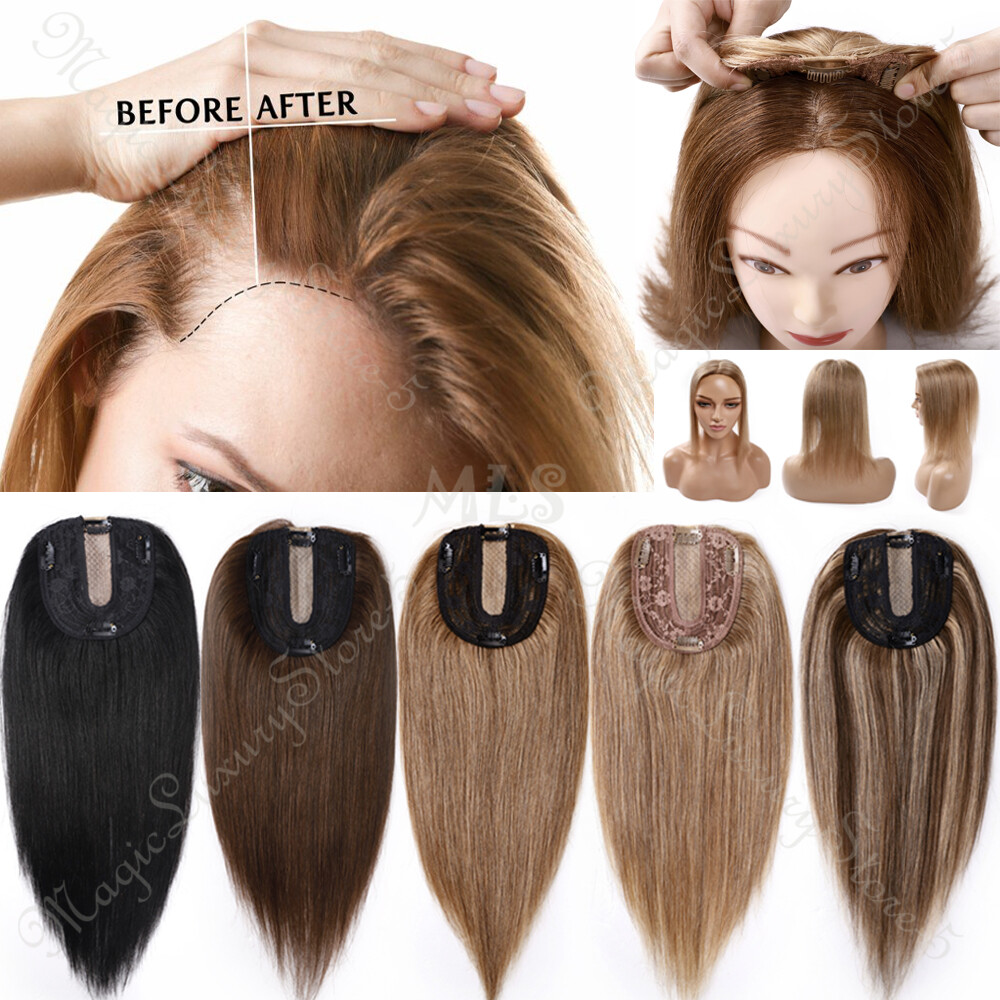 US Clip in Hairpiece 100% Real Remy Human Hair Topper Toupee Top Silk MONO Women