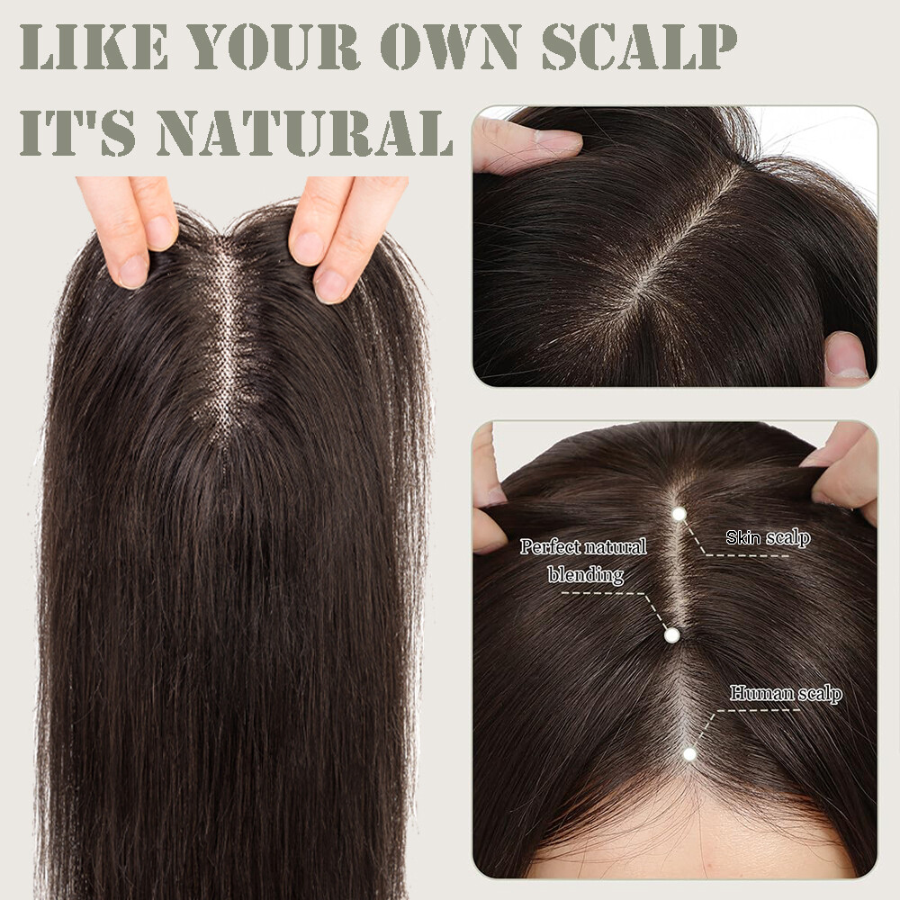 100% Real Human Hair Piece Topper Clip in Top Toupee Hairpiece Women Side Part