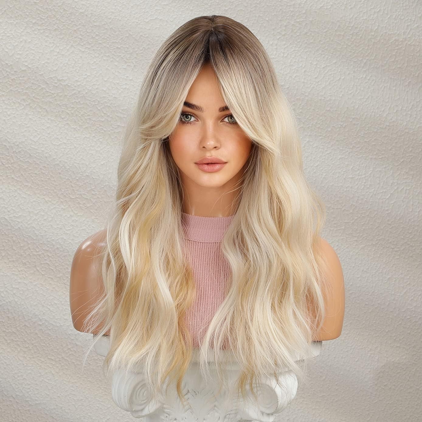Blonde Wigs Long Wavy Women Wigs with Bangs Blonde Ombre Curly Heat Resistant…