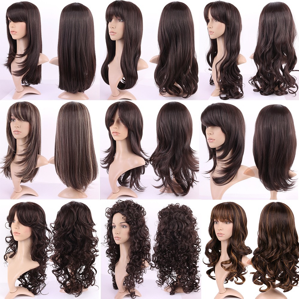 Women Ladies Brown Blonde Wig Long Hair Curly Straight Bangs Full Wigs Glueless