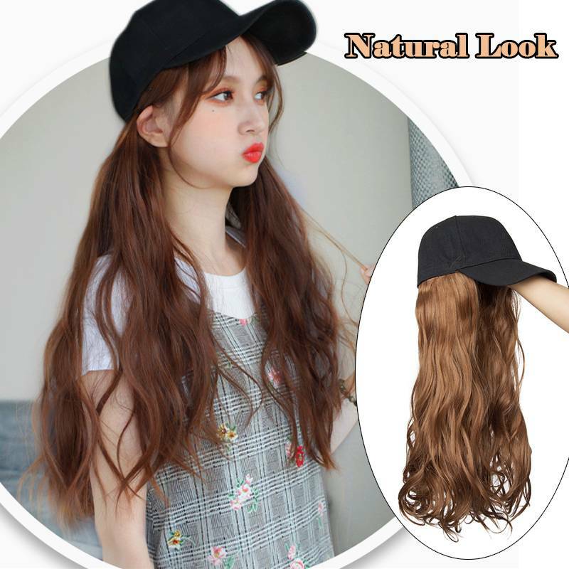 US Women Baseball Cap with Synthetic Wig Long Wavy Full Wigs Hat for Natural Use