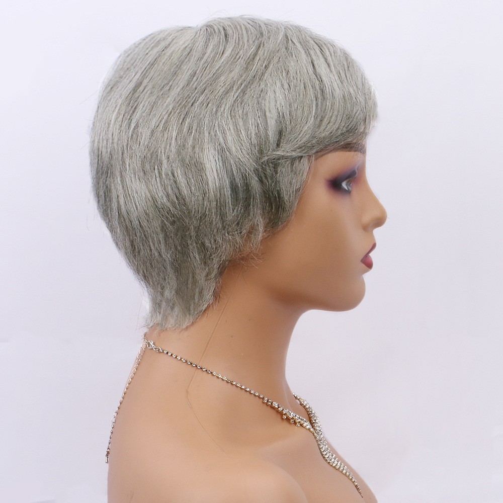 6 Inch Gray Human Hair Wig Short Mechanized Full Cap Wig for Black Women