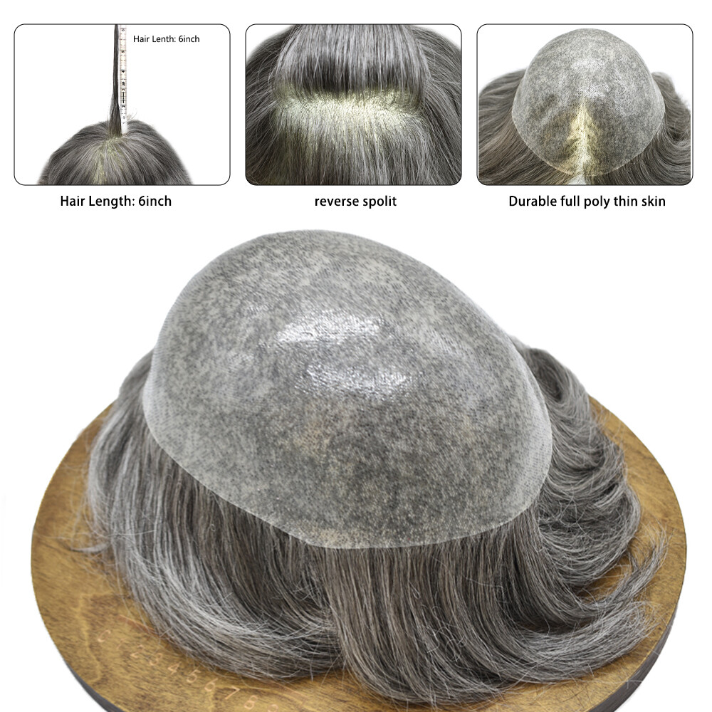 Mens Toupee Full Poly Hairpiece All Skin PU Human Hair Replacement System Wig US