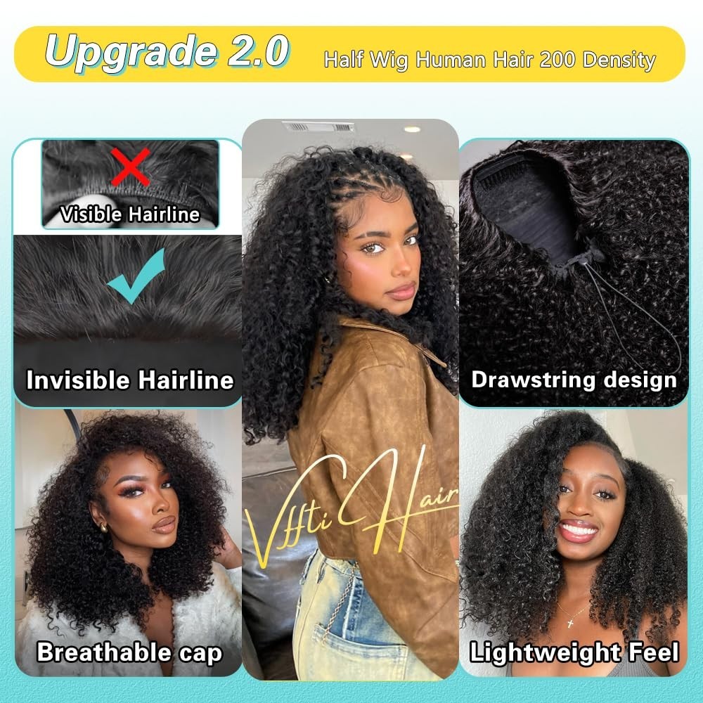 Kinky Curly Half Wig 200% Density 20″ Glueless Seamless Flip Wig for Black Women