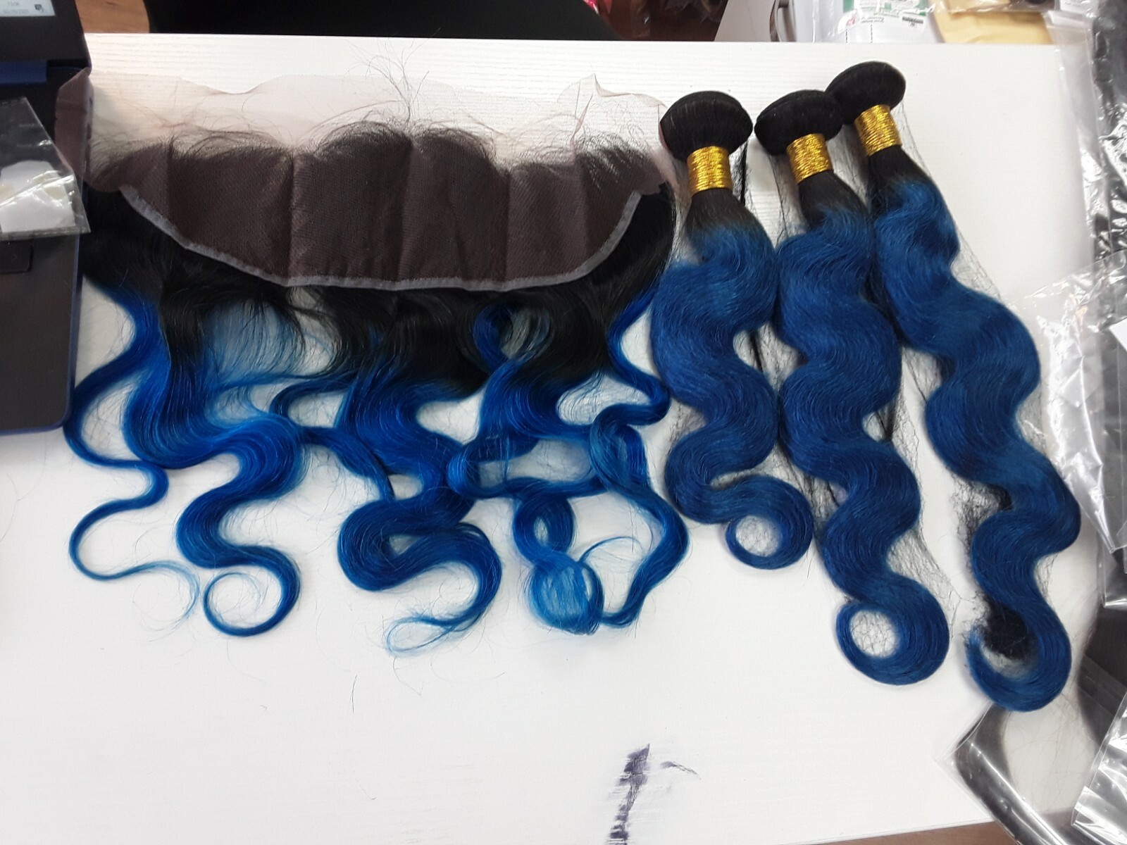 1B#/BLUE OMBRE BRAZILIAN VIRGIN HUMAN HAIR BODY WAVE BUNDLES 16+18+20&16 FRONTAL