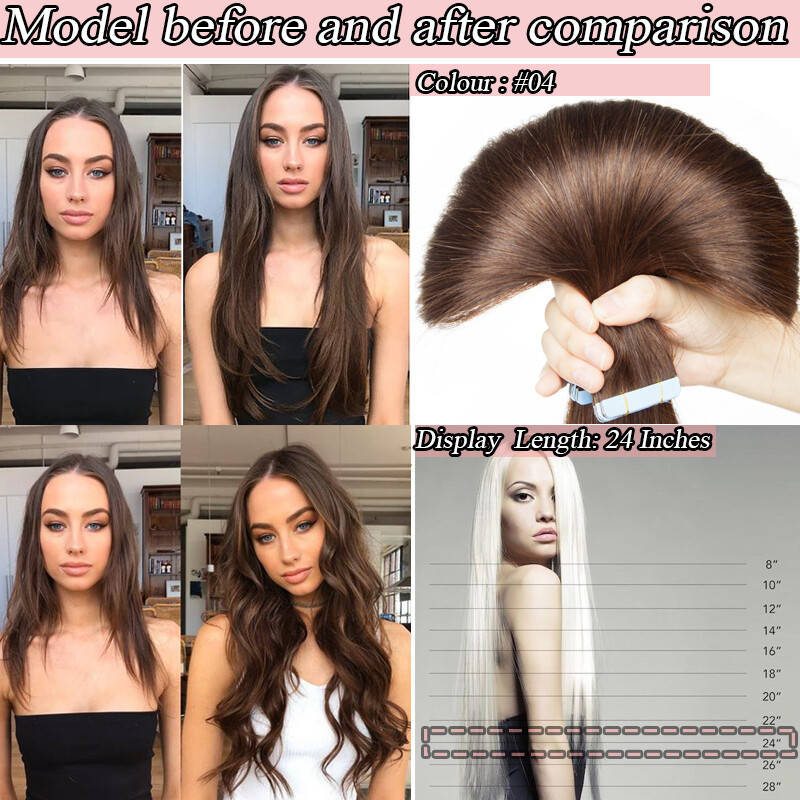 80PCS Full Head Thick Tape in Remy Human Hair Extensions Skin Weft Balayage Soft